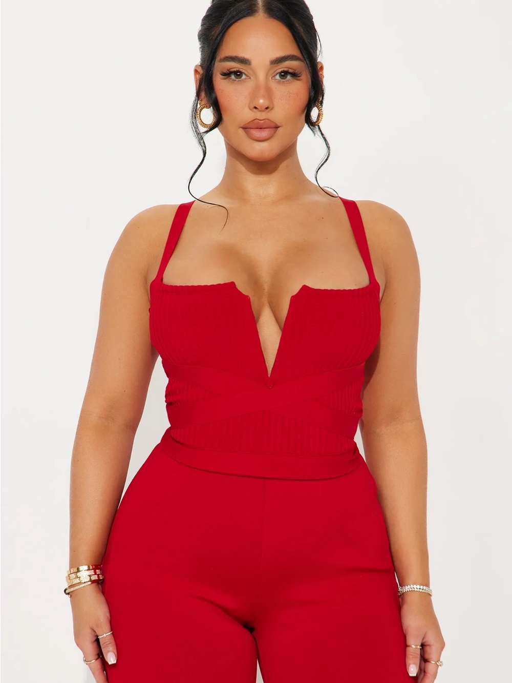 Red Ribbed V-Plunge Cami Top - Picture 2 of 3